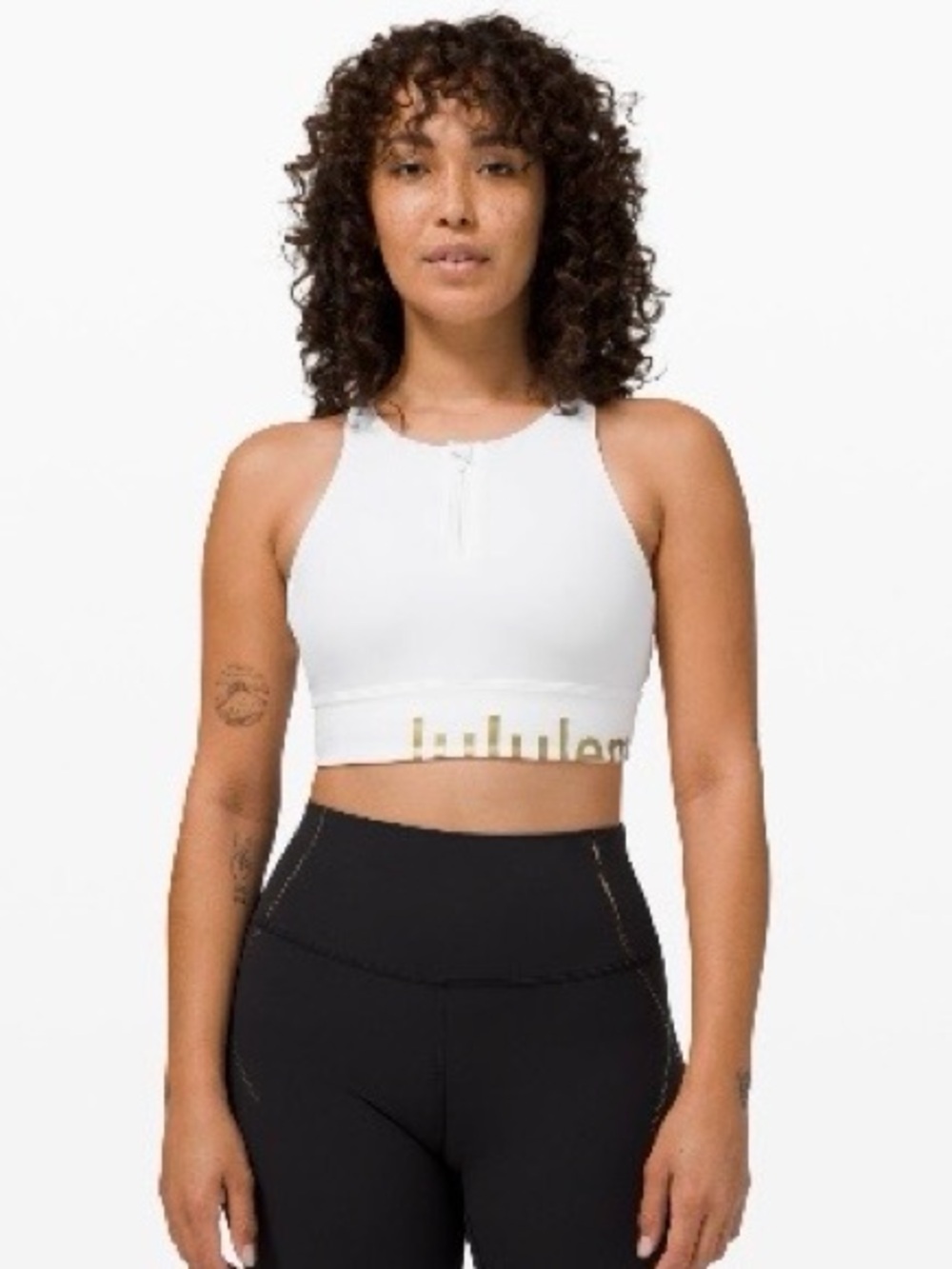 Lululemon Energy High-Neck Longline Zip-Front Sports Bra White Gold Size 8